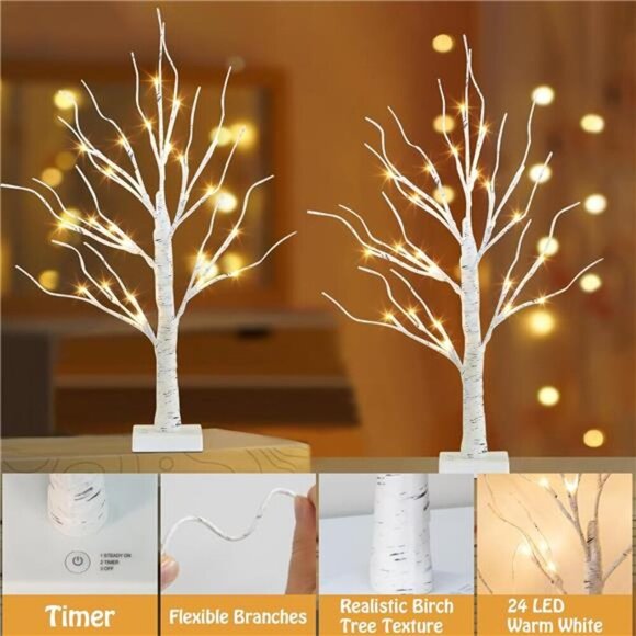 Lighted Birch Tree for Christmas Decor, Table Decorations Indoor, 2Pack 24 LED - Picture 4 of 7